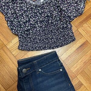 Zara Kids Floral Top and Denim Shorts Set - Purple and Blue